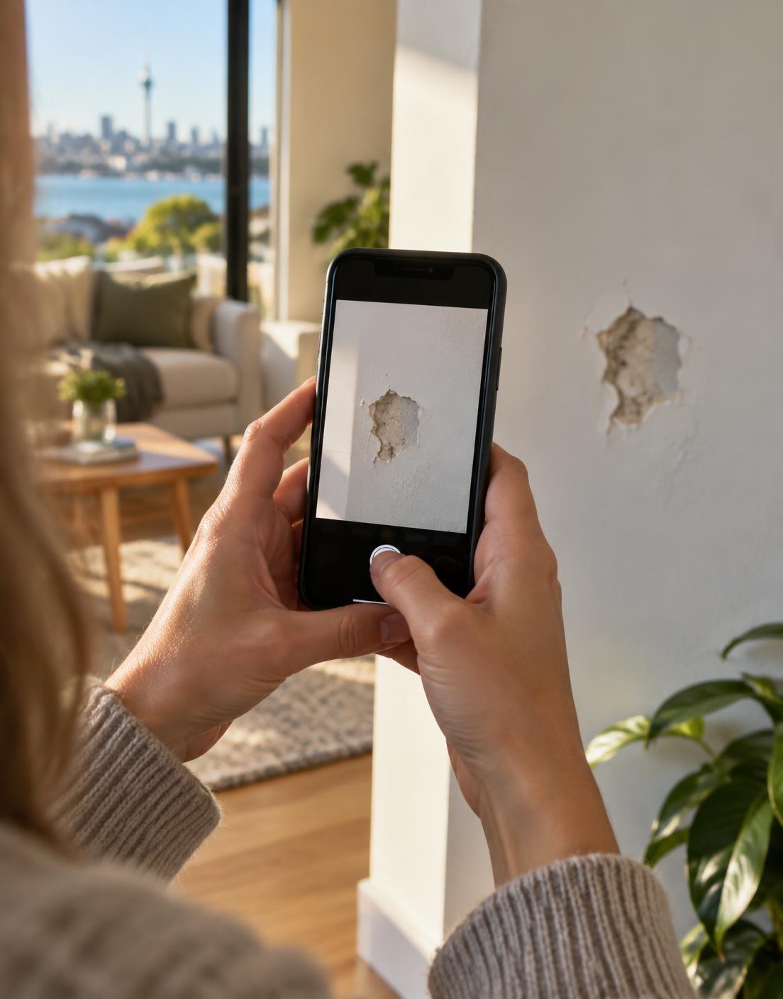Customer taking a photo of a damaged wall for a handyman quote